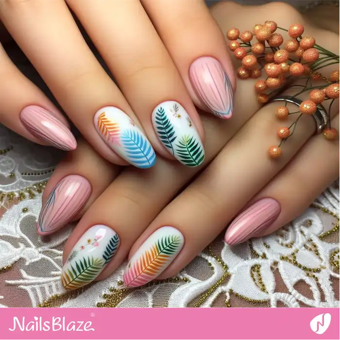 Pink Nails with Colorful Ferns | Nature-inspired Nails - NB1572
